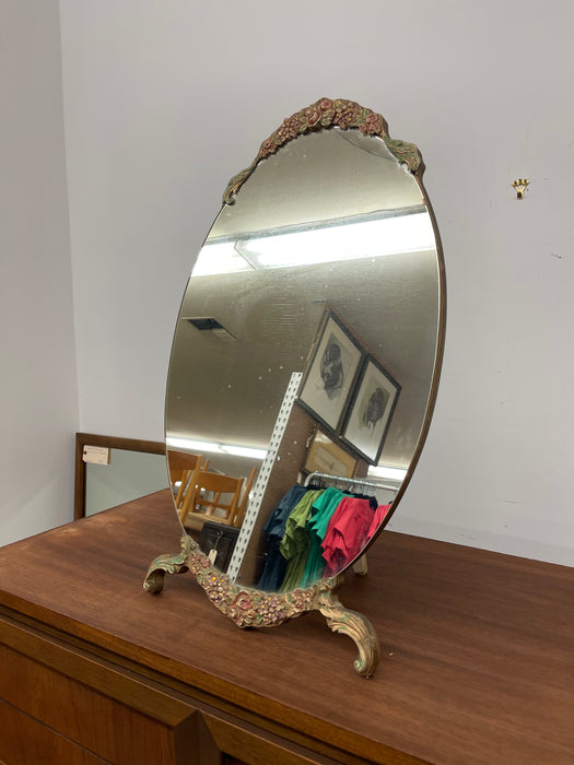 Vintage Oval Vanity Mirror with Hand-Painted Floral Frame and Easel back