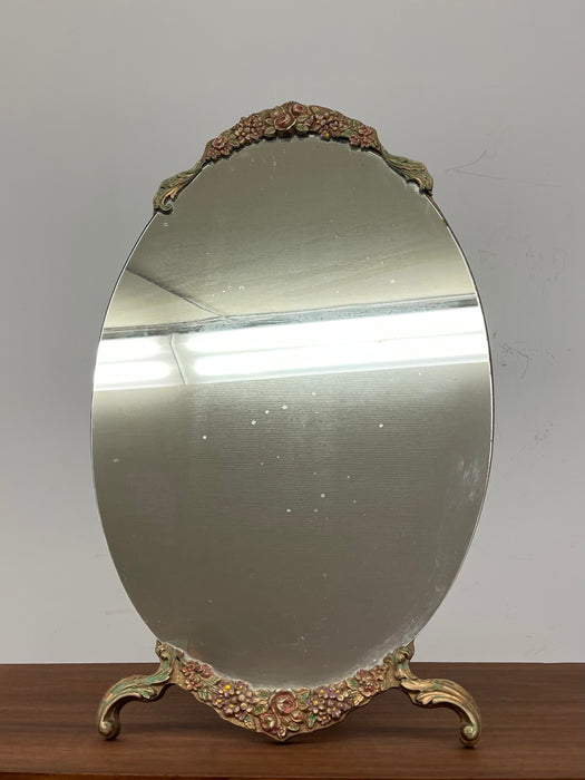 Vintage Oval Vanity Mirror with Hand-Painted Floral Frame and Easel back