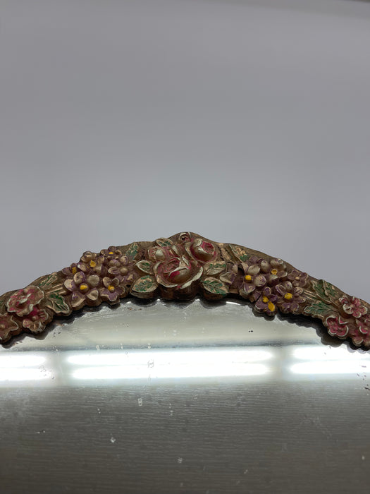 Vintage Oval Vanity Mirror with Hand-Painted Floral Frame and Easel back