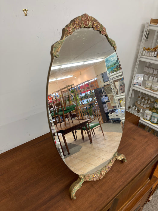 Vintage Oval Vanity Mirror with Hand-Painted Floral Frame and Easel back