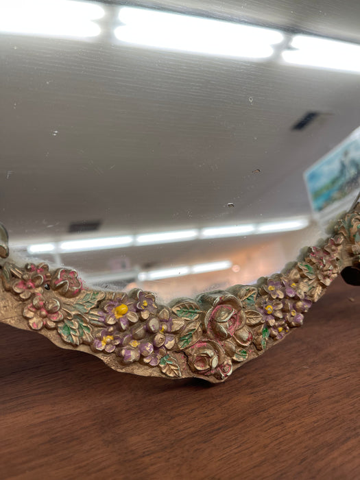 Vintage Oval Vanity Mirror with Hand-Painted Floral Frame and Easel back