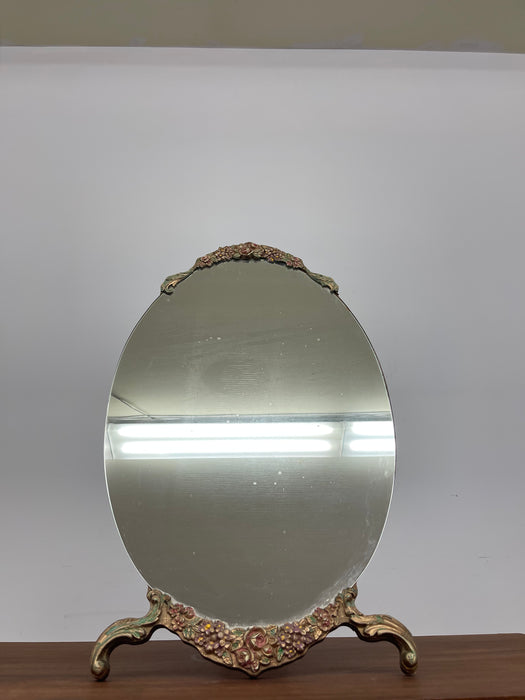 Vintage Oval Vanity Mirror with Hand-Painted Floral Frame and Easel back