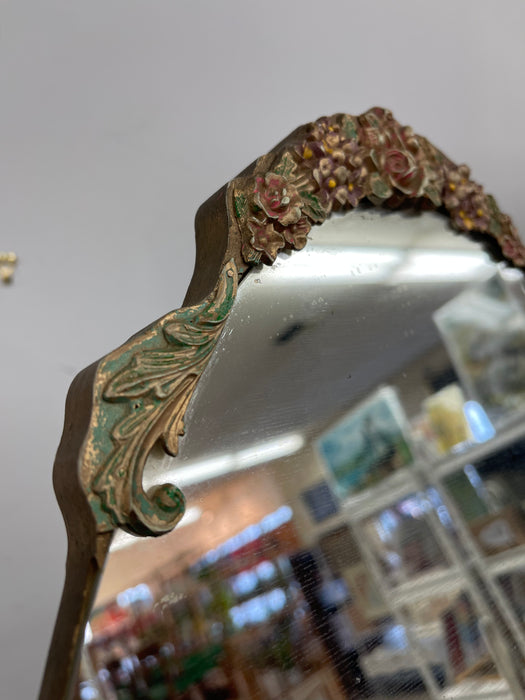 Vintage Oval Vanity Mirror with Hand-Painted Floral Frame and Easel back