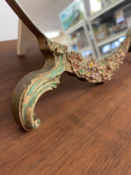 Vintage Oval Vanity Mirror with Hand-Painted Floral Frame and Easel back