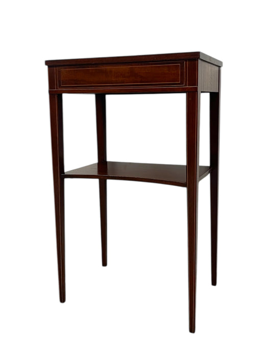 Vintage Inlaid Side Table with Lower Shelf and Tapered Legs