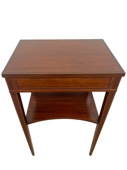 Vintage Inlaid Side Table with Lower Shelf and Tapered Legs