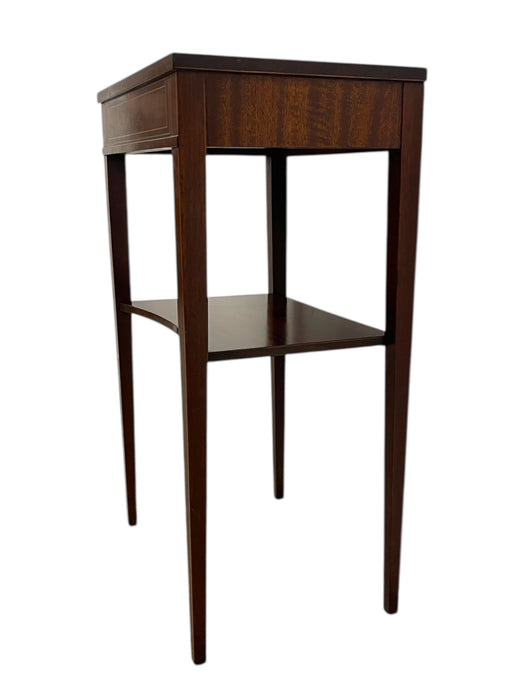 Vintage Inlaid Side Table with Lower Shelf and Tapered Legs
