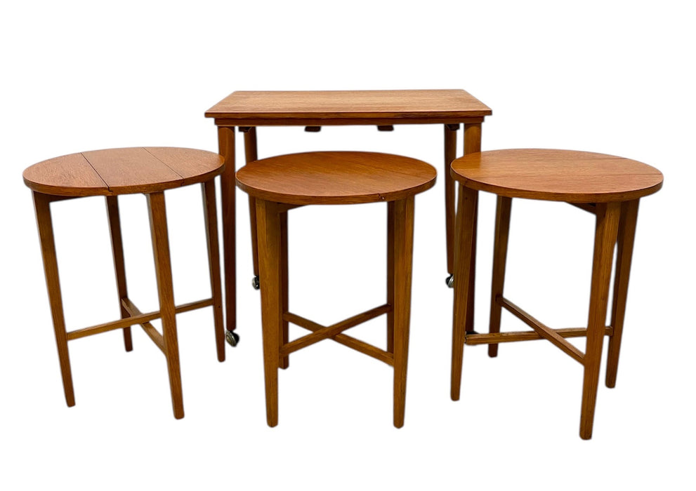Vintage Mid-Century Modern Nesting Table Set with Three Round Stowaway Stools/Tables on Casters - UK Import
