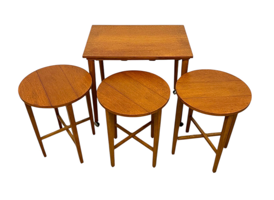 Vintage Mid-Century Modern Nesting Table Set with Three Round Stowaway Stools/Tables on Casters - UK Import
