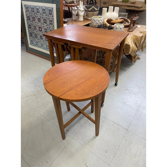 Vintage Mid-Century Modern Nesting Table Set with Three Round Stowaway Stools/Tables on Casters - UK Import