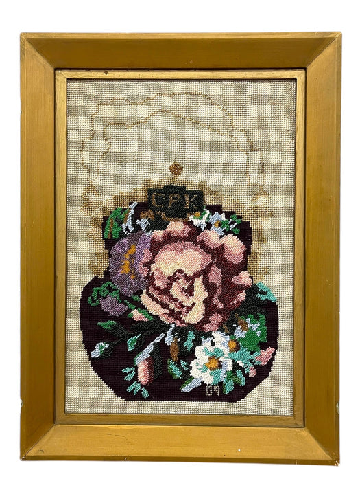 Decorative Hand-Beaded Floral Needlepoint Artwork with Original Pattern Papers and Provenance