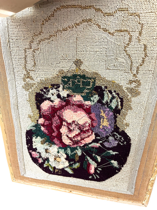 Decorative Hand-Beaded Floral Needlepoint Artwork with Original Pattern Papers and Provenance