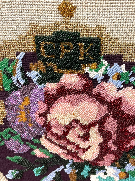 Decorative Hand-Beaded Floral Needlepoint Artwork with Original Pattern Papers and Provenance