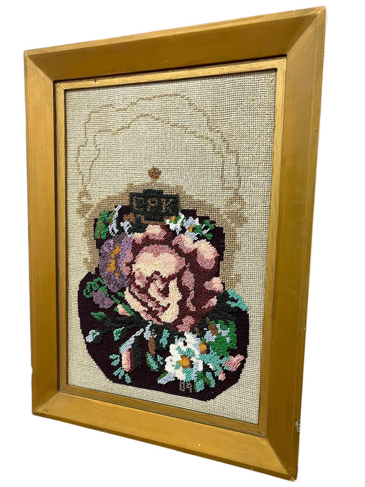 Decorative Hand-Beaded Floral Needlepoint Artwork with Original Pattern Papers and Provenance