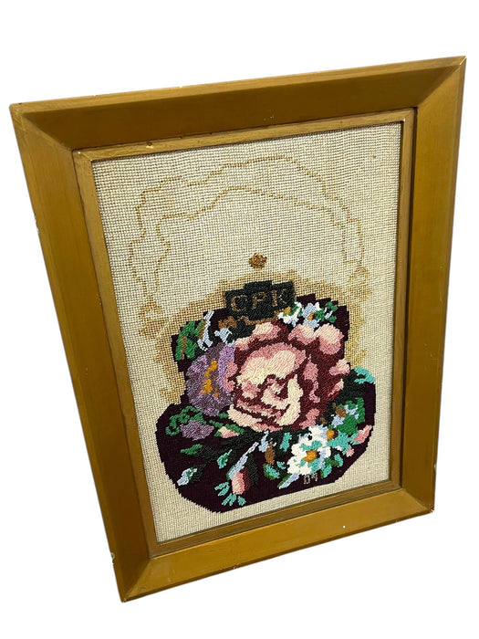 Decorative Hand-Beaded Floral Needlepoint Artwork with Original Pattern Papers and Provenance
