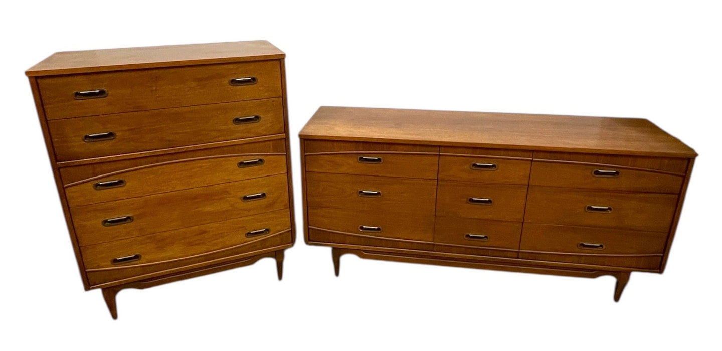 Mid-Century Modern Matching Dresser Set by Hooker Furniture - 9-Drawer Low Dresser & 5-Drawer Highboy