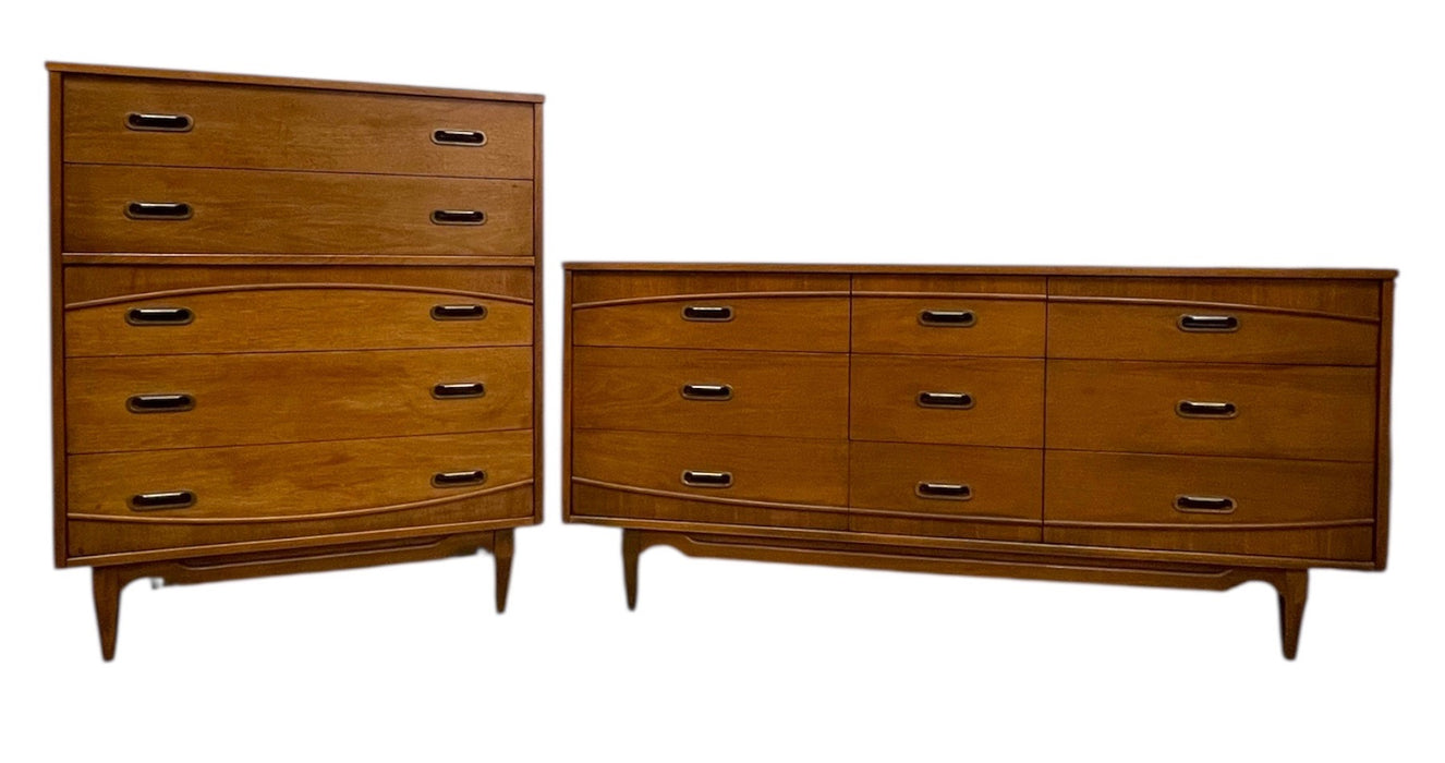 Mid-Century Modern Matching Dresser Set by Hooker Furniture - 9-Drawer Low Dresser & 5-Drawer Highboy
