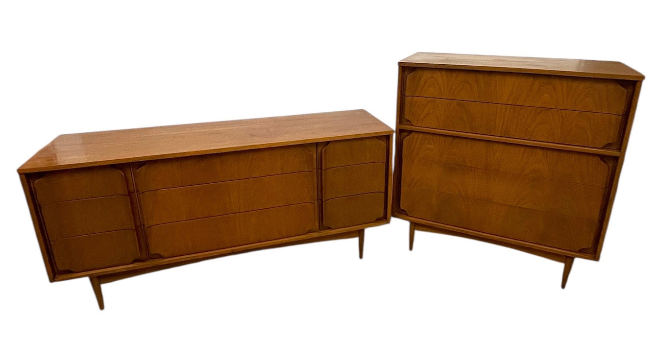 Mid-Century Modern Matching Dresser Set with Sculpted Drawer Fronts-Highboy & 9-Drawer Low Dresser