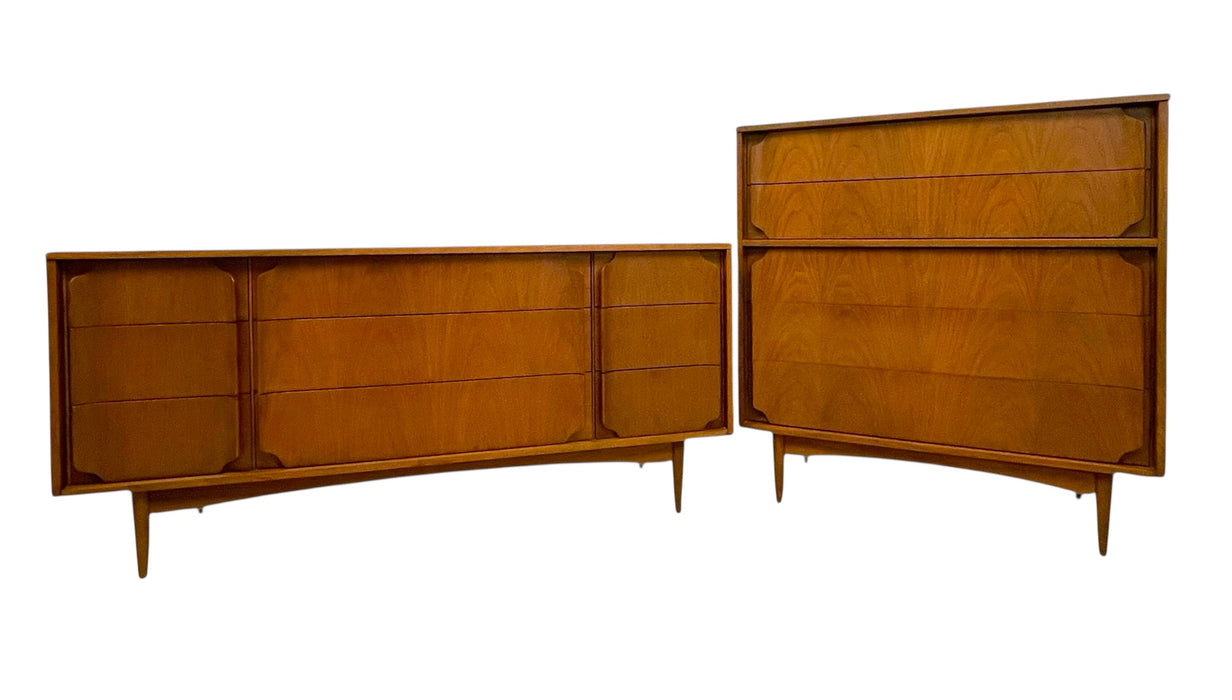 Mid-Century Modern Matching Dresser Set with Sculpted Drawer Fronts-Highboy & 9-Drawer Low Dresser