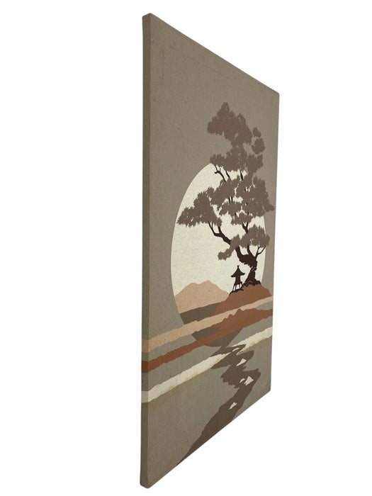 Mid-Century Modern Japanese Landscape Textile Wall Art on Stretched Canvas