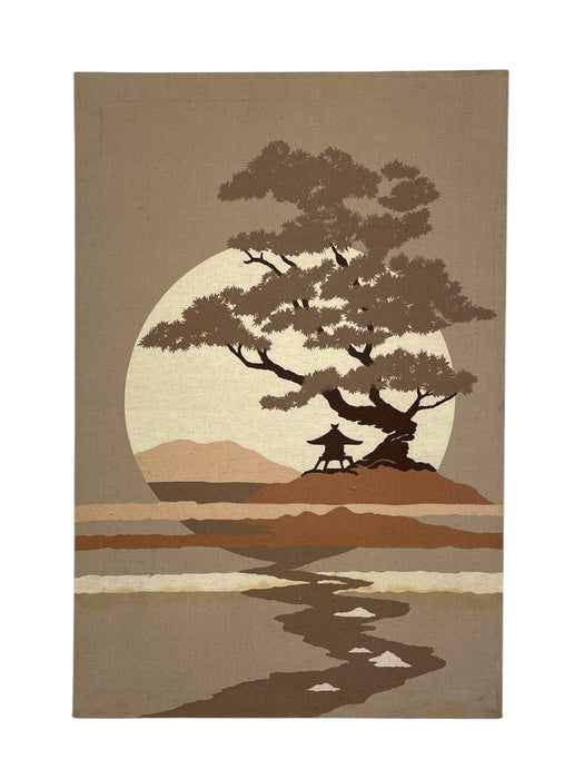 Mid-Century Modern Japanese Landscape Textile Wall Art on Stretched Canvas