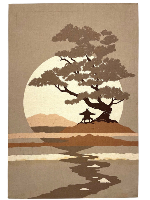 Mid-Century Modern Japanese Landscape Textile Wall Art on Stretched Canvas