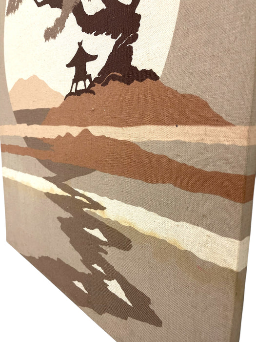 Mid-Century Modern Japanese Landscape Textile Wall Art on Stretched Canvas