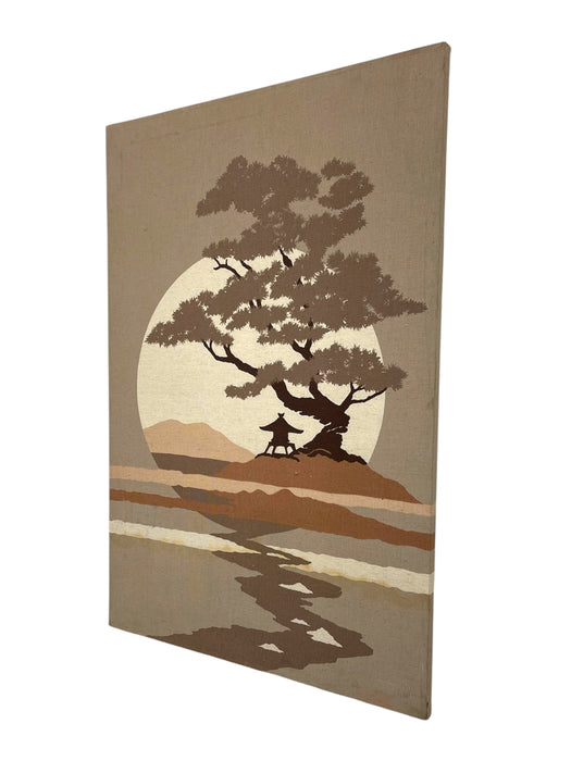 Mid-Century Modern Japanese Landscape Textile Wall Art on Stretched Canvas