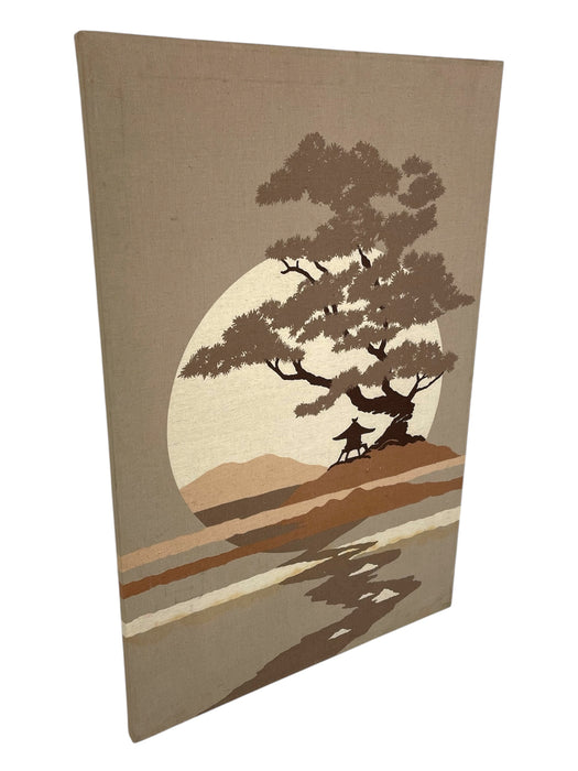Mid-Century Modern Japanese Landscape Textile Wall Art on Stretched Canvas