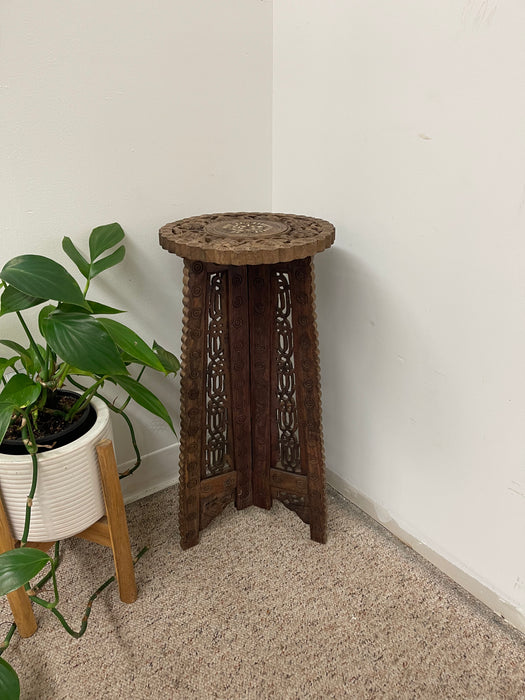 Hand Carved Indian Wooden Pedestal Side Table with Inlay, Folding Base and Removable Top
