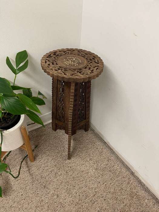 Hand Carved Indian Wooden Pedestal Side Table with Inlay, Folding Base and Removable Top