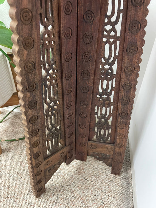 Hand Carved Indian Wooden Pedestal Side Table with Inlay, Folding Base and Removable Top