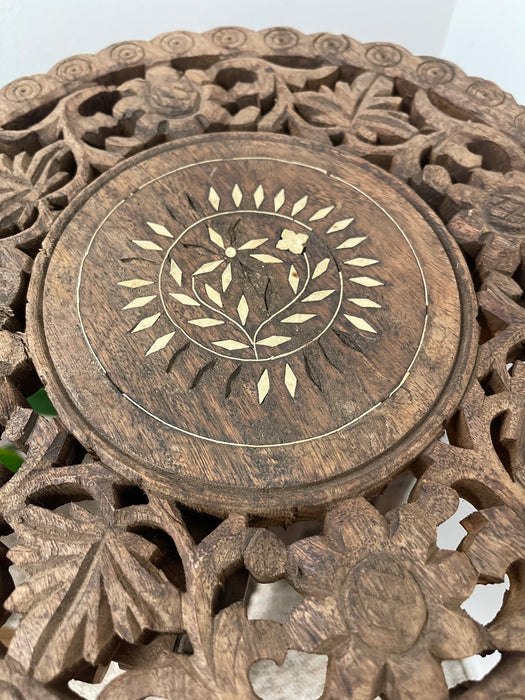 Hand Carved Indian Wooden Pedestal Side Table with Inlay, Folding Base and Removable Top