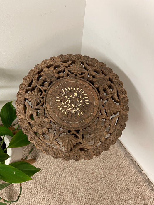 Hand Carved Indian Wooden Pedestal Side Table with Inlay, Folding Base and Removable Top