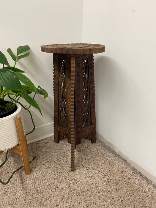 Hand Carved Indian Wooden Pedestal Side Table with Inlay, Folding Base and Removable Top
