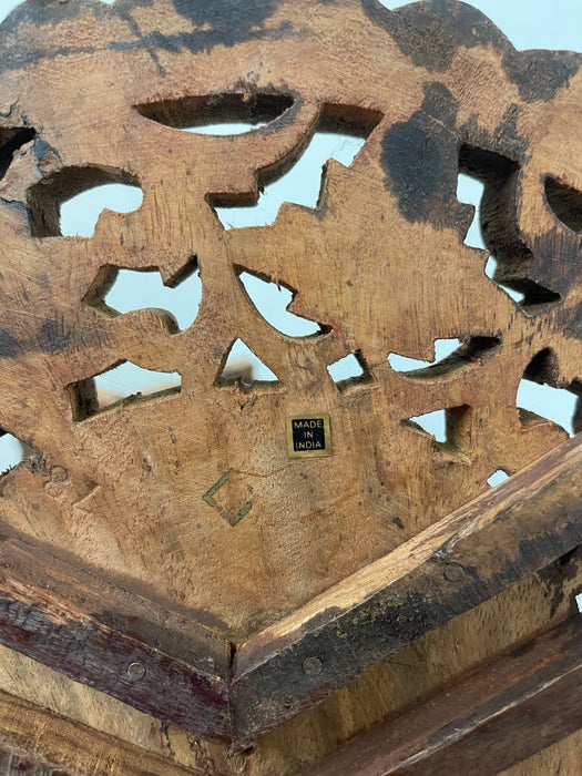 Hand Carved Indian Wooden Pedestal Side Table with Inlay, Folding Base and Removable Top