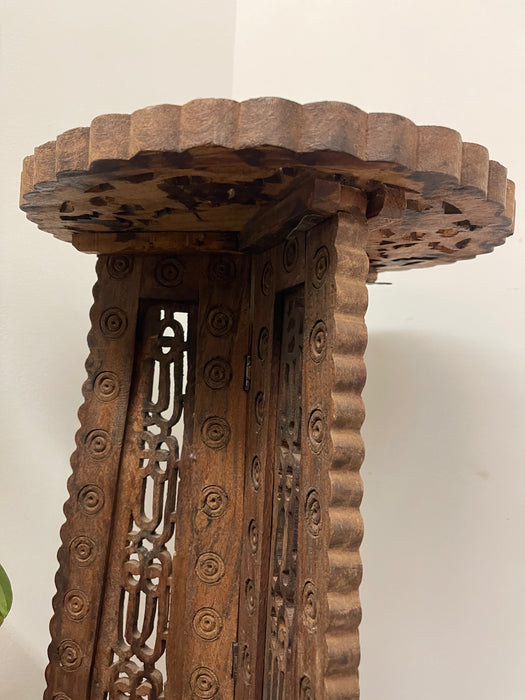 Hand Carved Indian Wooden Pedestal Side Table with Inlay, Folding Base and Removable Top