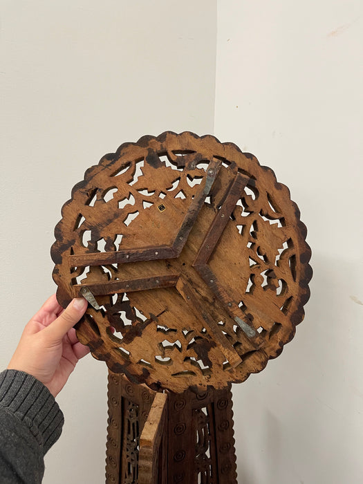 Hand Carved Indian Wooden Pedestal Side Table with Inlay, Folding Base and Removable Top
