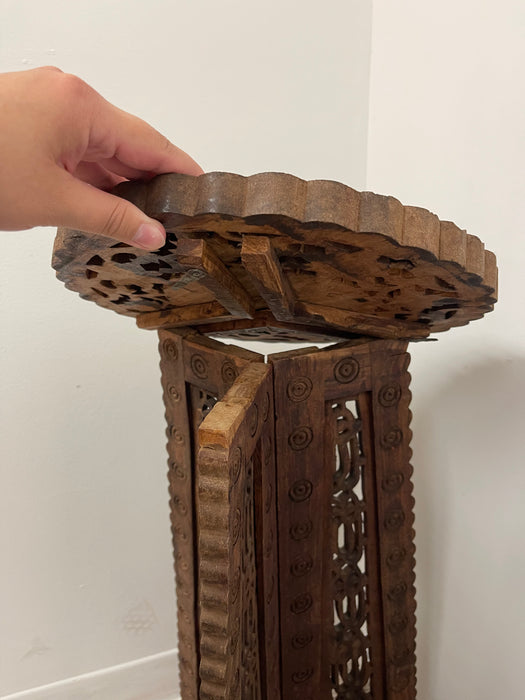 Hand Carved Indian Wooden Pedestal Side Table with Inlay, Folding Base and Removable Top