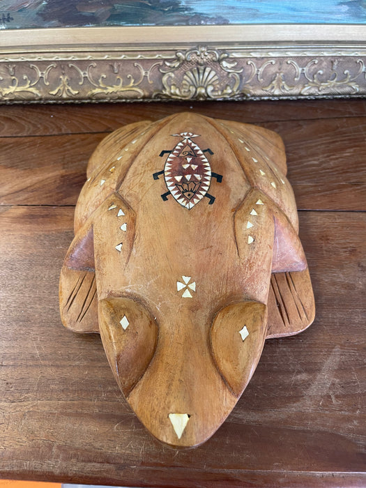 Hand-Carved Wooden Frog Wall Plaque with Inlay and Tribal Motif Design