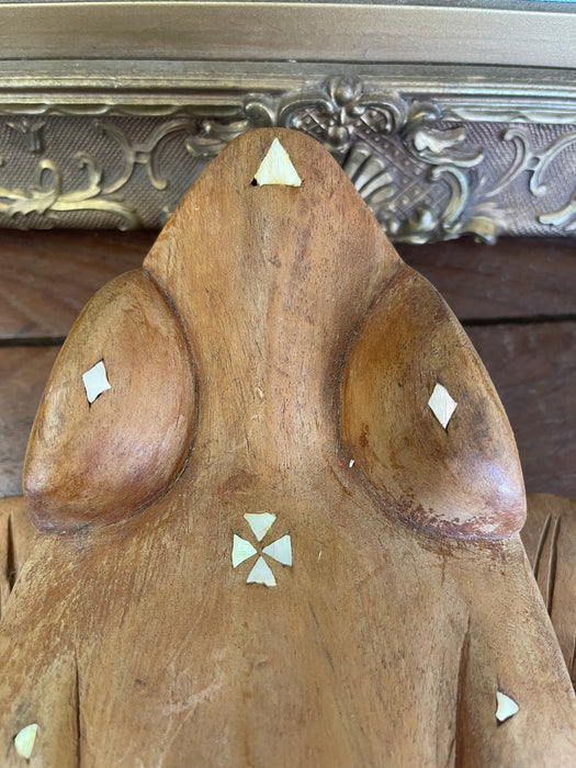 Hand-Carved Wooden Frog Wall Plaque with Inlay and Tribal Motif Design