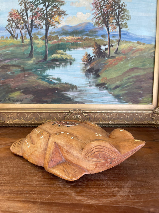 Hand-Carved Wooden Frog Wall Plaque with Inlay and Tribal Motif Design