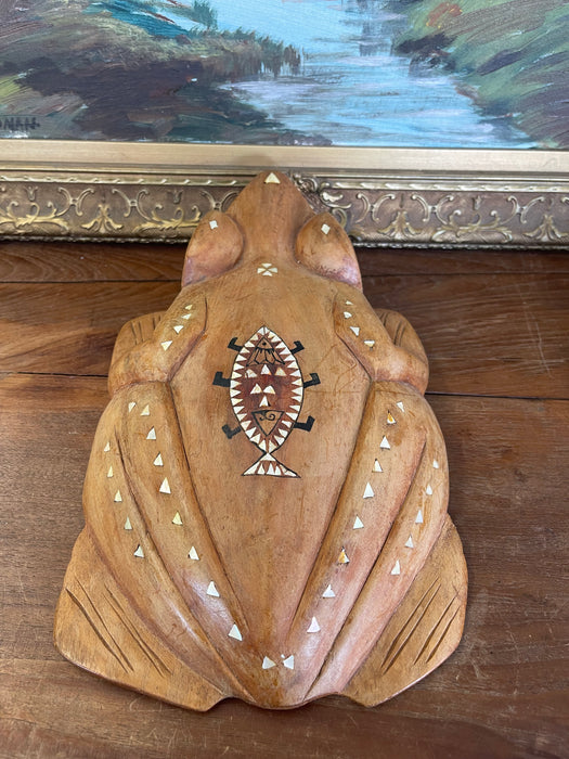 Hand-Carved Wooden Frog Wall Plaque with Inlay and Tribal Motif Design