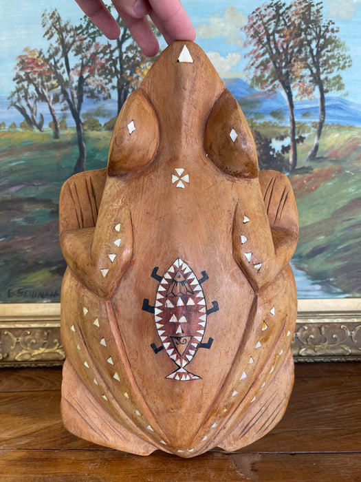 Hand-Carved Wooden Frog Wall Plaque with Inlay and Tribal Motif Design