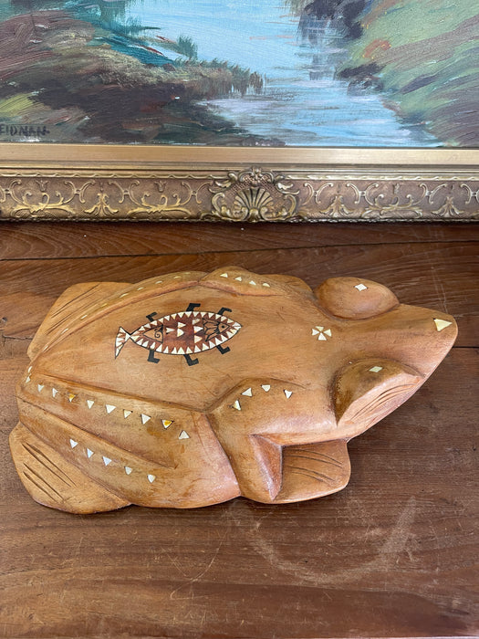 Hand-Carved Wooden Frog Wall Plaque with Inlay and Tribal Motif Design