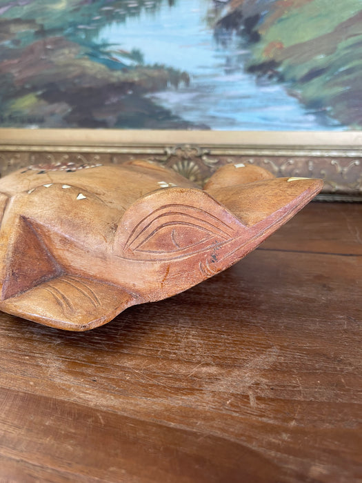 Hand-Carved Wooden Frog Wall Plaque with Inlay and Tribal Motif Design