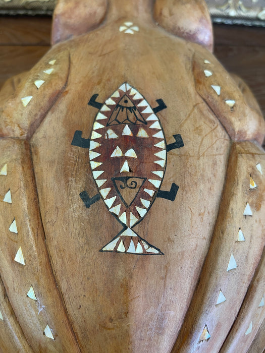 Hand-Carved Wooden Frog Wall Plaque with Inlay and Tribal Motif Design