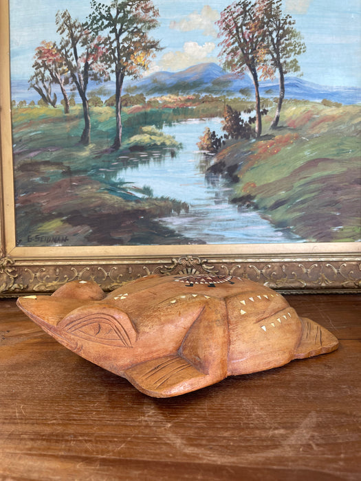 Hand-Carved Wooden Frog Wall Plaque with Inlay and Tribal Motif Design