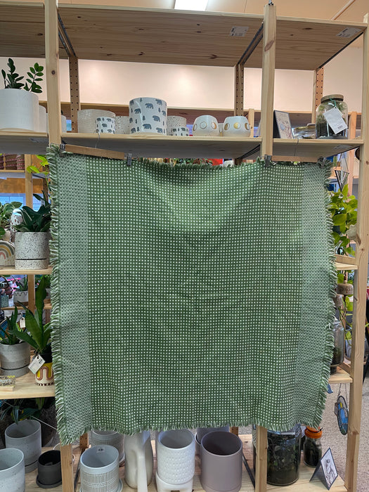 Vintage Olive Green and White Woven Throw Blanket with Fringe Edges