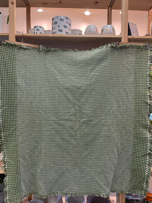 Vintage Olive Green and White Woven Throw Blanket with Fringe Edges
